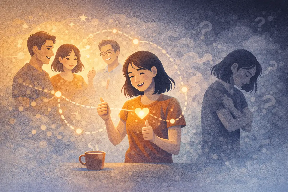 周囲に合わせる動きと内側の疲れが同時に存在する心の状態を示す構図