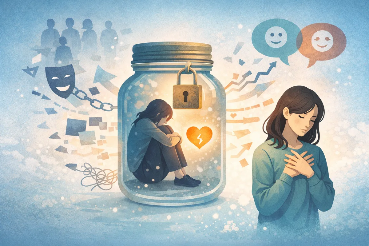 鍵のかかった容器の中に縮こまる人物と、外側に静かに立つ姿を対比し、感情を内に留める構造を表現した図