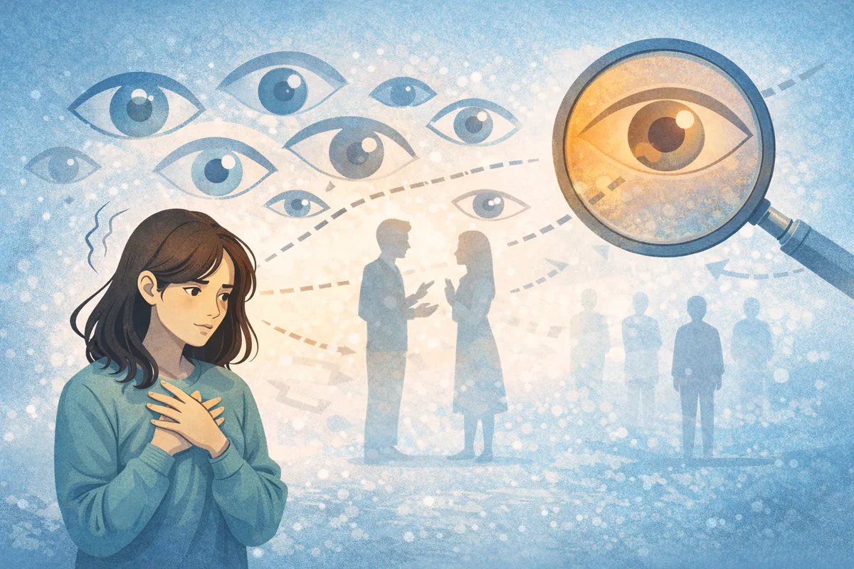 複数の視線の象徴が人物に集まり、反応を過度に意識して心が揺れる構造を示した図