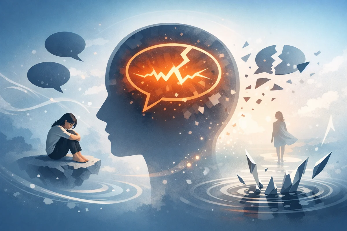 言葉の衝撃が波紋のように広がり、心に残り続ける状態を象徴的に描いた構造