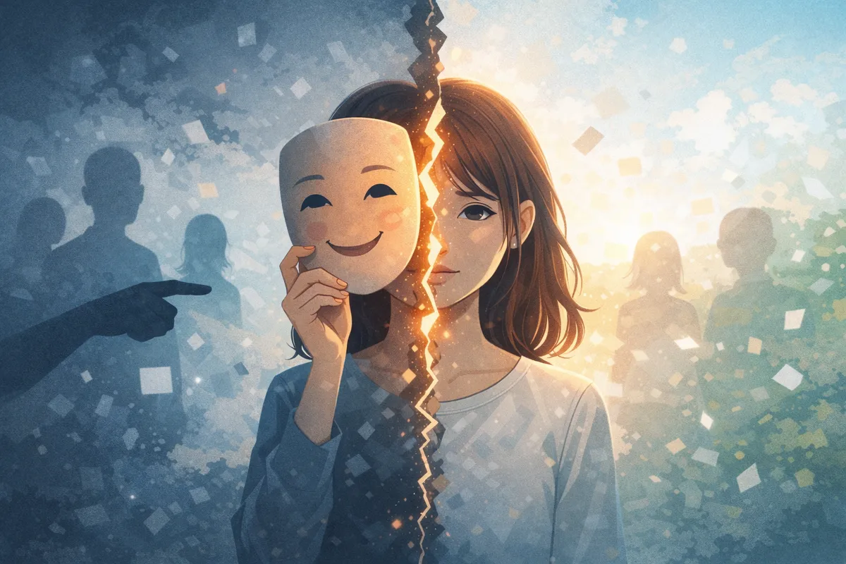 仮の表情と内側の状態が分かれ、人前で自己を隠す構造を示した描写