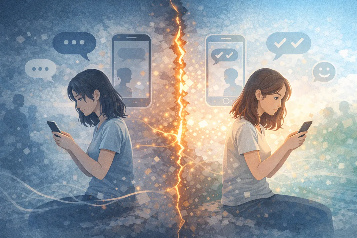 反応の差が意識を揺らし、関係の距離が静かに広がる状態を表した構造