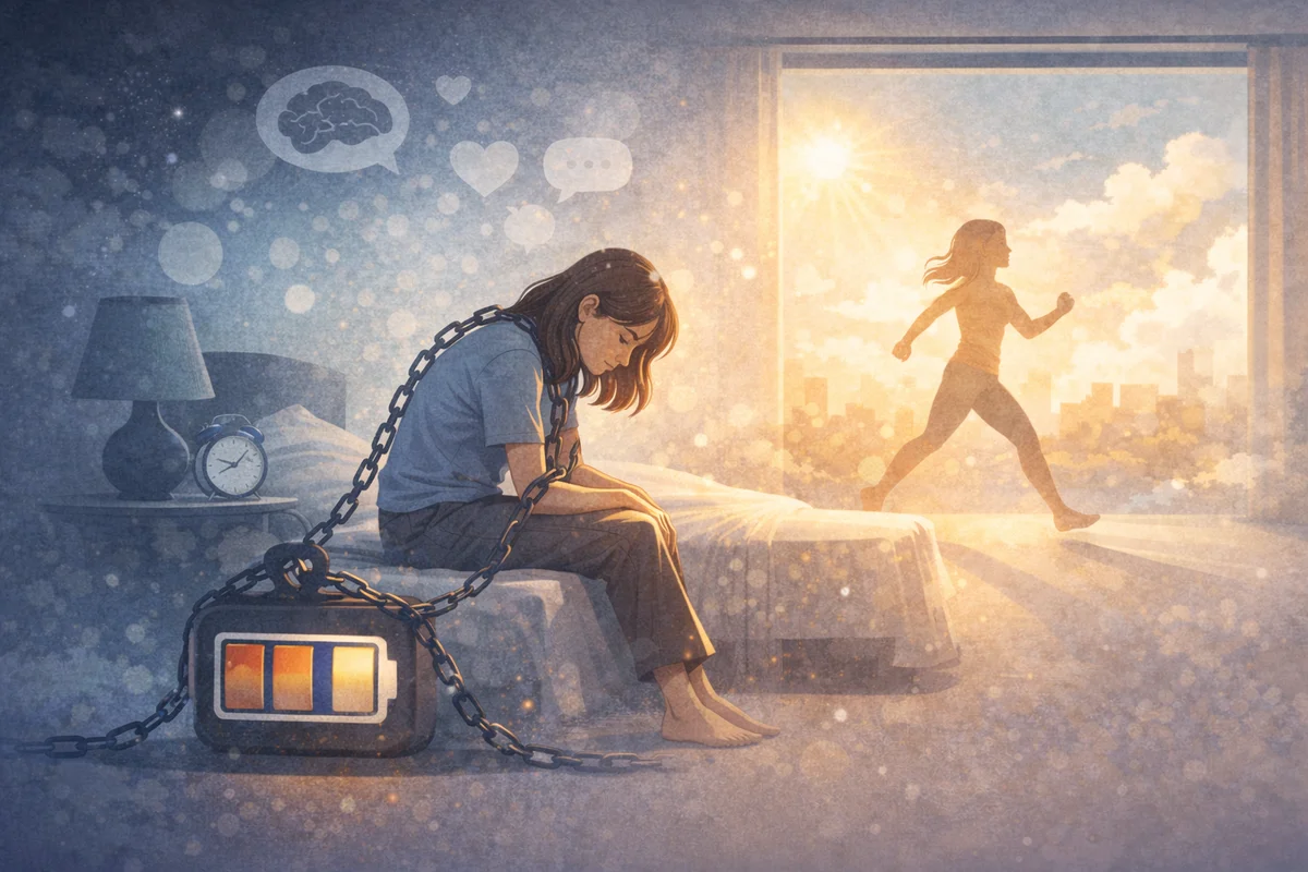 朝の室内で動けない身体と、光に向かう気配が心身の切り替わりを表す構図