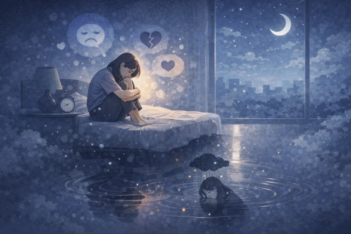 夜の静かな室内で、水面の揺らぎと内側に沈む姿が心の変化を映す構図