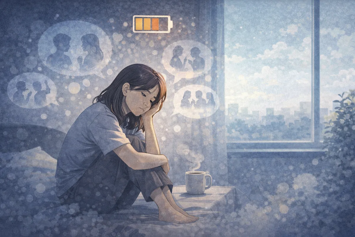 静かな部屋で外を眺める姿と弱まる活力が、孤立の積み重ねを示す構図