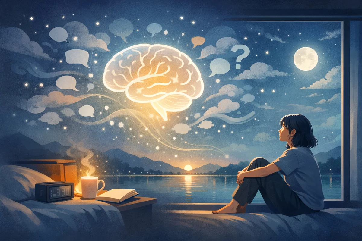 夜の静けさの中、光を帯びた思考の象徴が空間に浮かび、余白と奥行きのある風景が内側の動きを映している