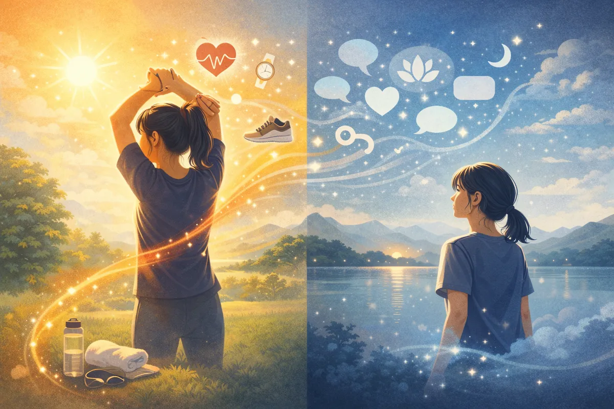 運動後の身体の余韻が光や流れとして広がり、整っていく過程が静かな空間構成で表現されている