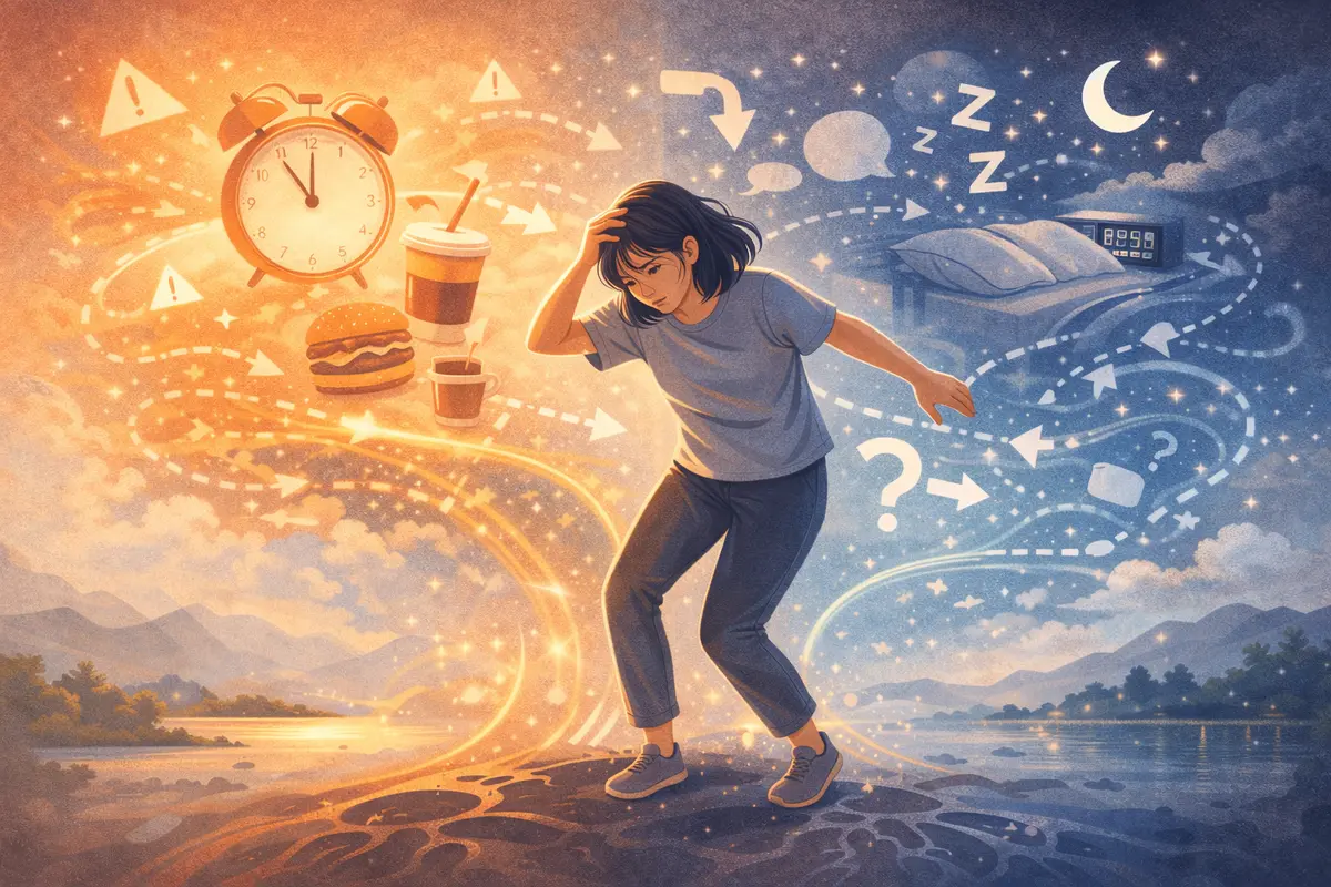 乱れた流れと静かな流れが交差し、体と心のペースが揺らぐ様子が空間の対比で示されている