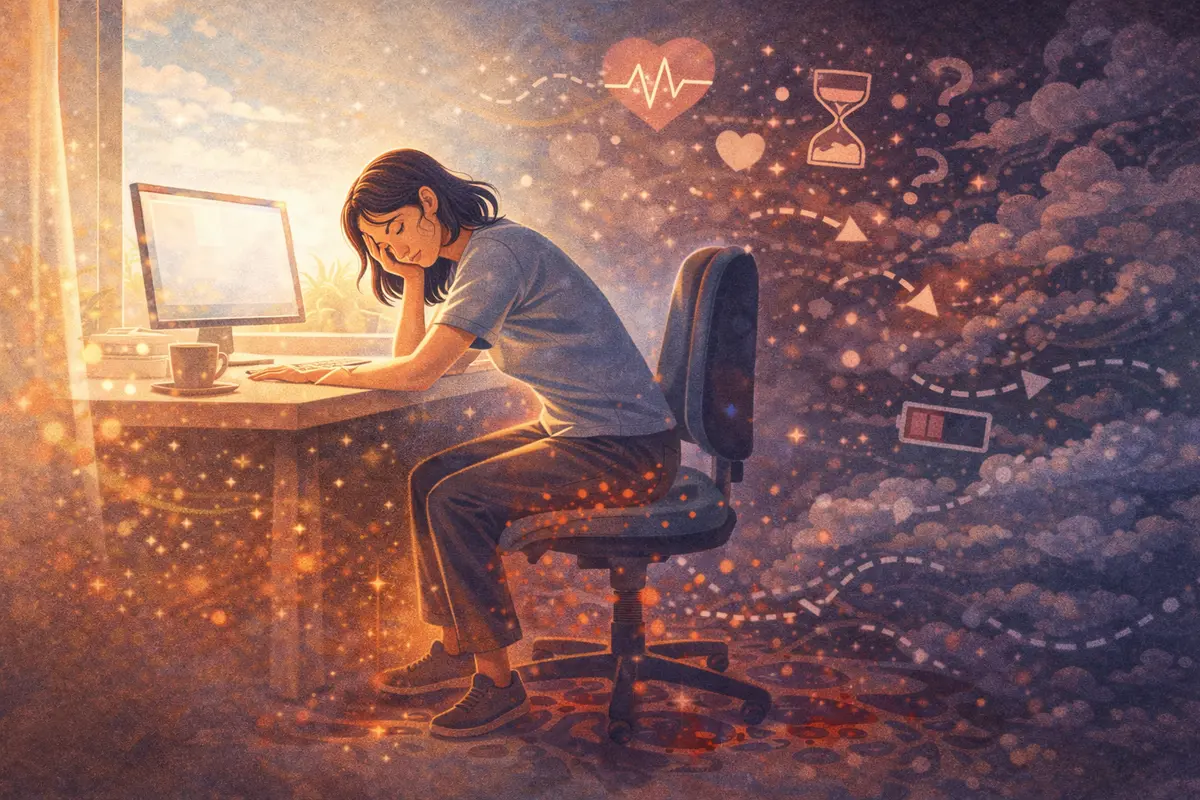 座り続けた姿勢の中で滞る流れが空気や粒子として広がり、動かない疲労の蓄積が表現されている