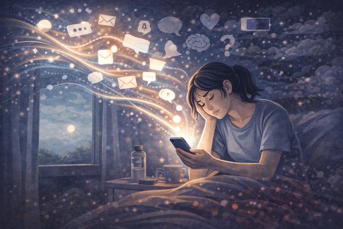 情報の光が流れとして重なり、静かな夜の中で心身に負荷が蓄積していく様子が描かれている