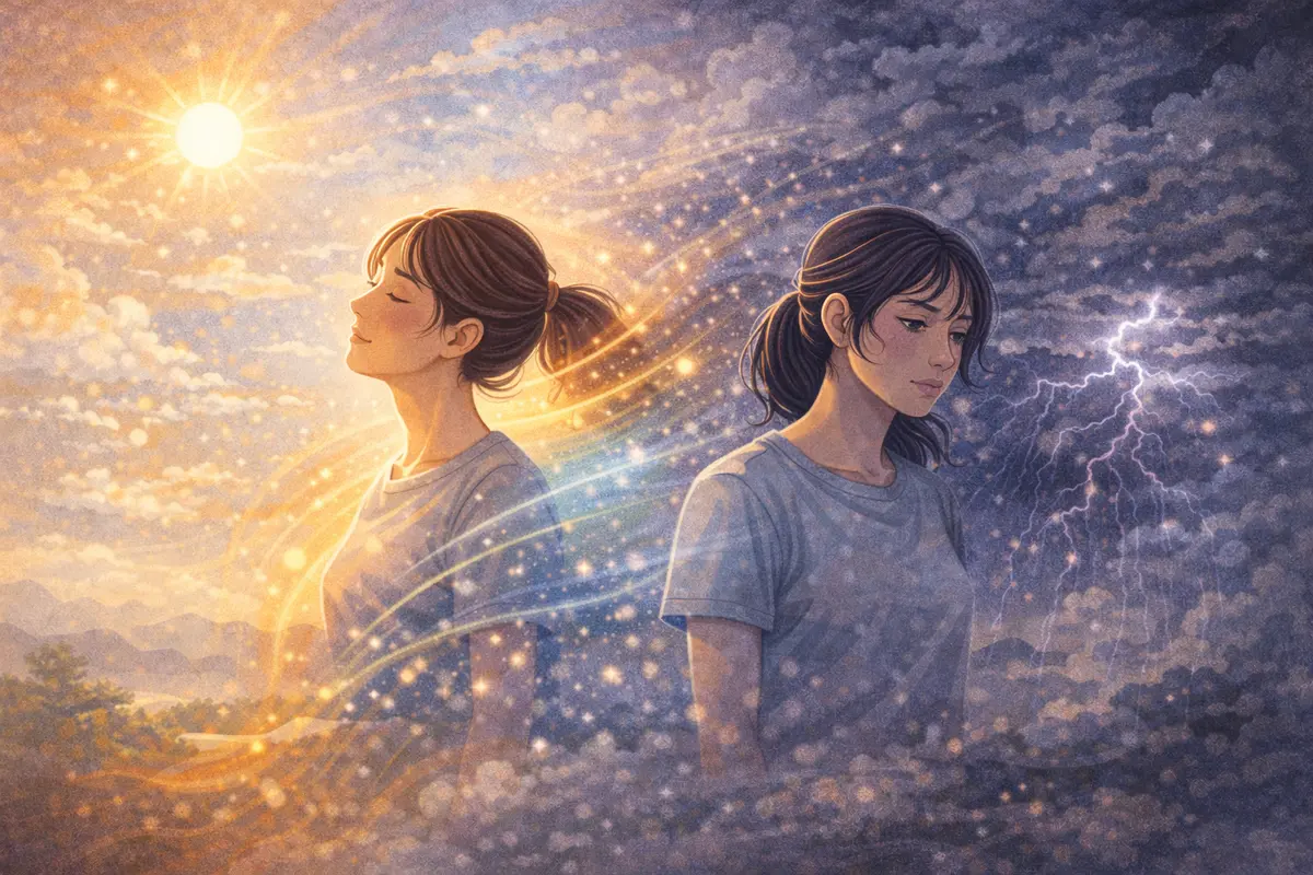 空の色や光の変化が同じ人物の周囲に重なり、天候によって心の状態が揺れ動く様子が表現されている