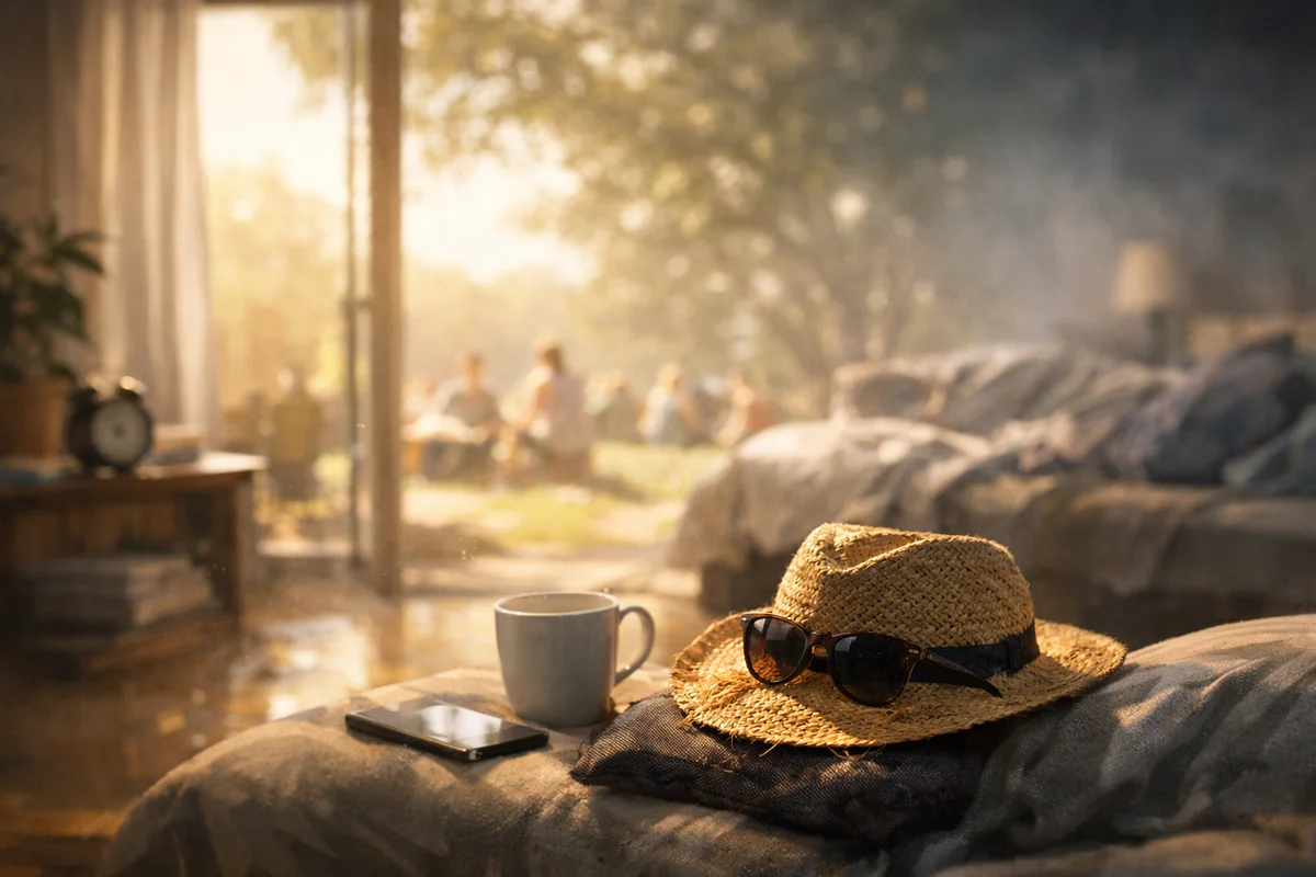 休日の午後、柔らかな光が差し込む室内で、ソファの上に置かれた帽子とサングラス、スマートフォンと湯気の立つカップが静かに佇み、休んでいるはずなのにどこか抜けきらない心身の疲れを象徴している