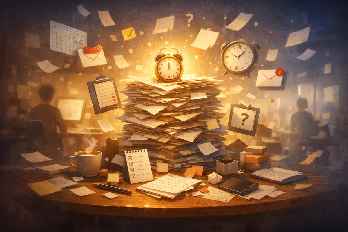 仕事のタスクが山積みになった机の中央に書類の束が積まれ、光が一点からにじむように広がる中で、優先順位を見失い頭の中が整理できない状態を象徴したイメージ