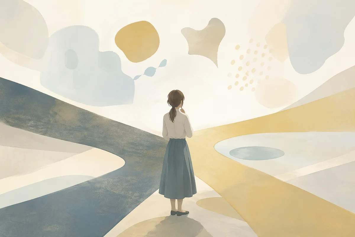 淡い抽象空間で分かれる流れを前に立ち止まる女性が、働き方の相性を静かに考えるイラスト