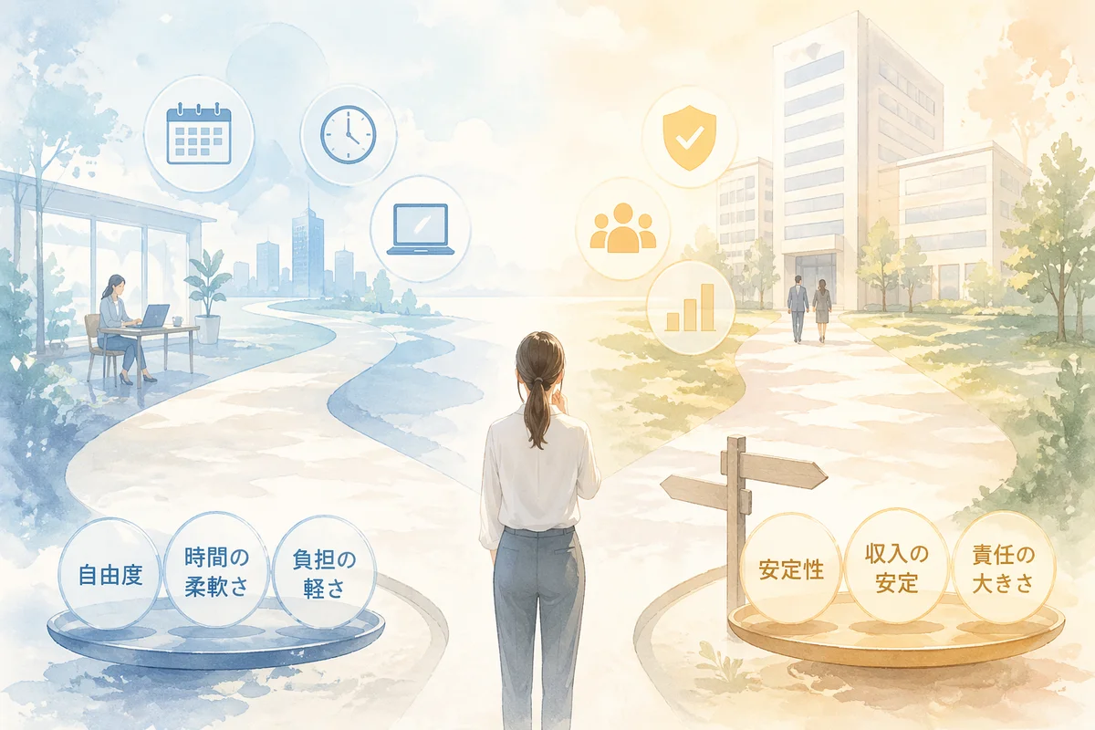 分かれた道の前で立ち止まる女性が、広い空間で働き方ごとの違いを静かに見比べるイラスト