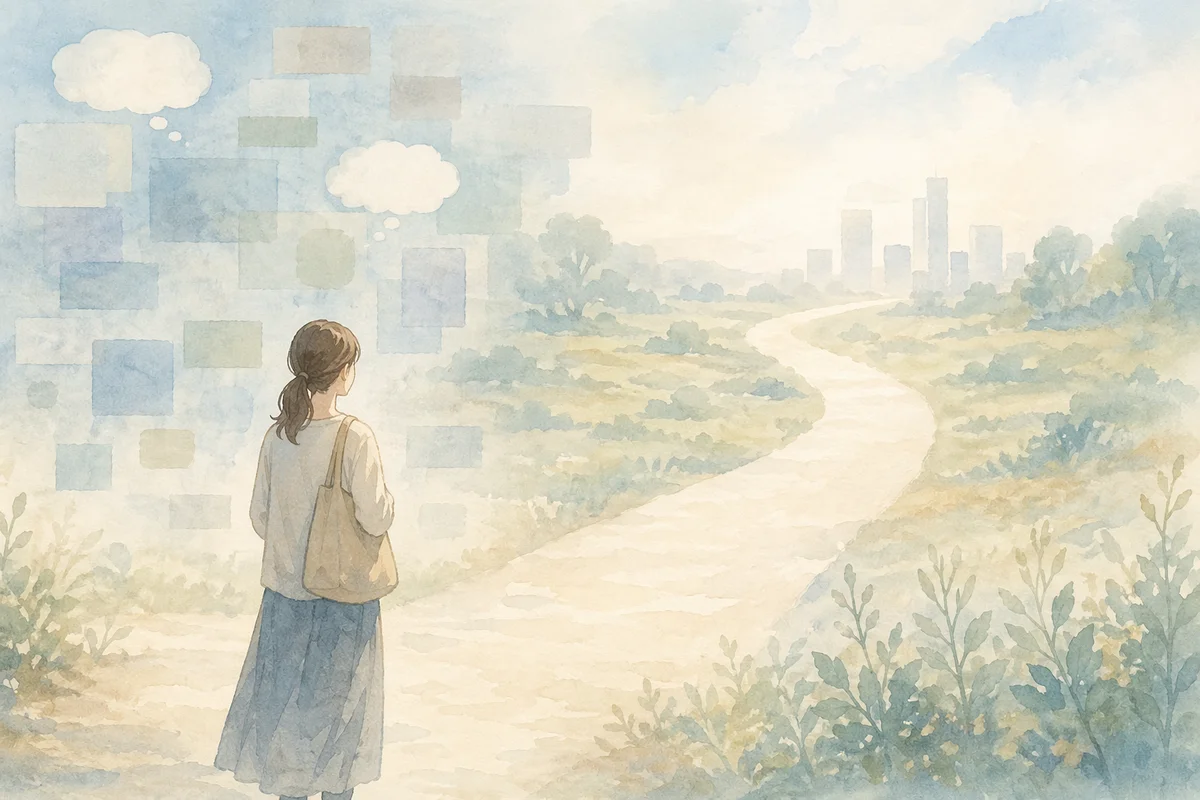 曲がる道の先に街並みがにじみ、正社員登用の見えにくさを静かに映すやわらかな風景イラスト