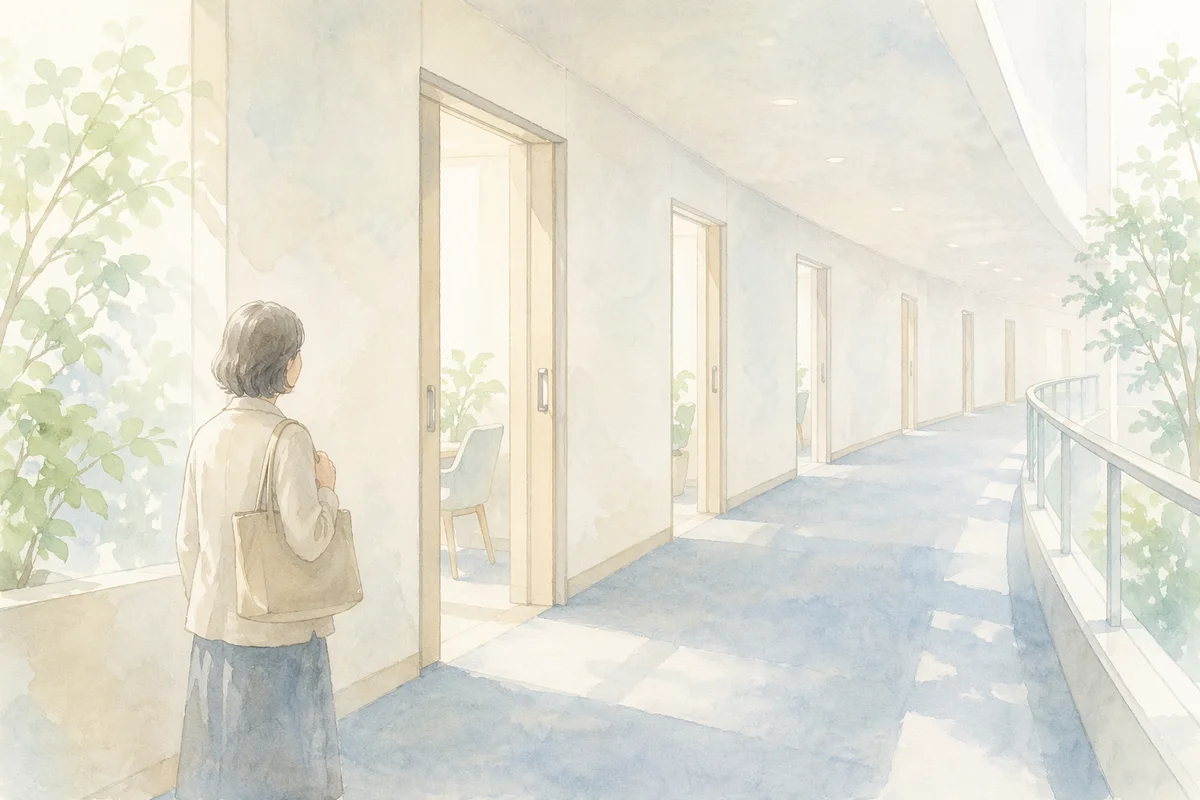 奥へ続く開いた部屋の廊下を前に、小さな人物が年齢と仕事探しの先行きを見つめる風景