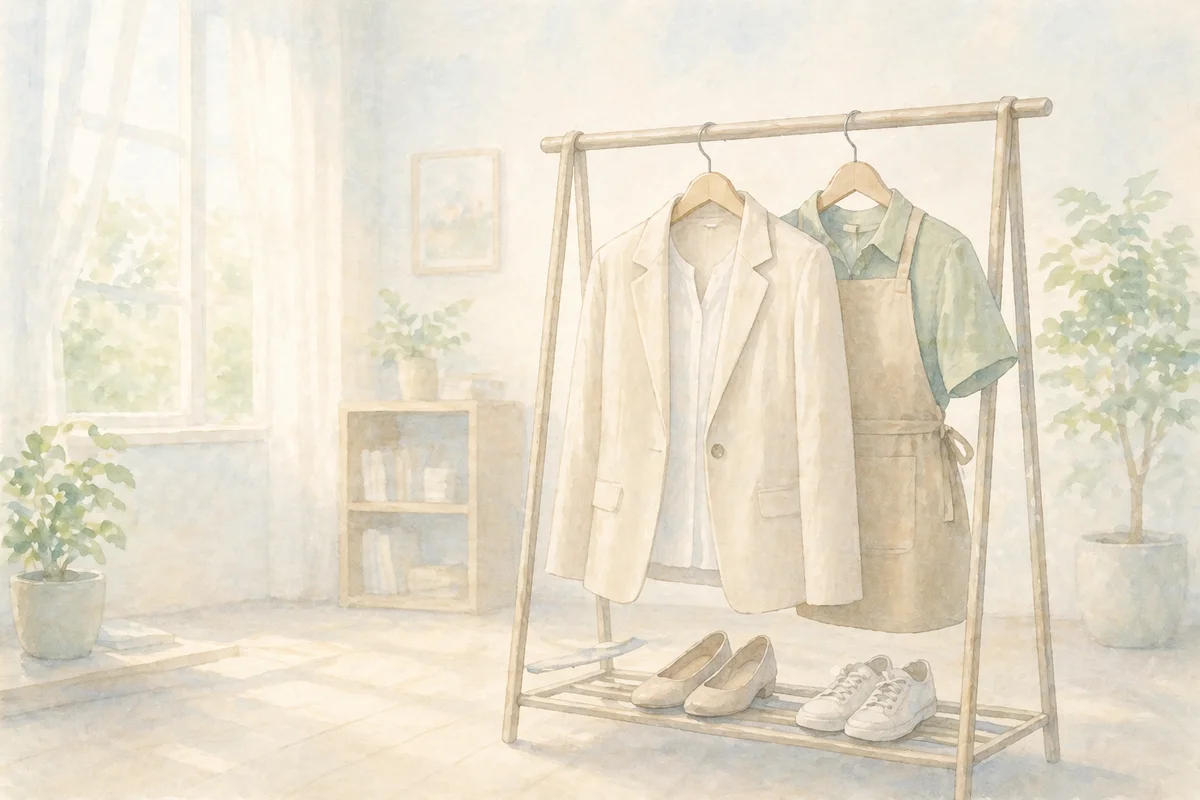 室内のラックにジャケットとエプロン姿の服が並び、奥の窓辺へ視線が抜ける中で働き方の違いを静かに見比べる水彩イラスト