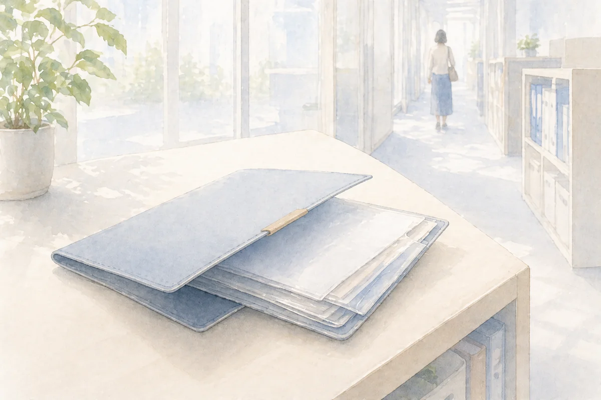 手前の開いた書類フォルダと奥へ続く通路が、年齢とともに働き方を見直す前段階を映す職場風景