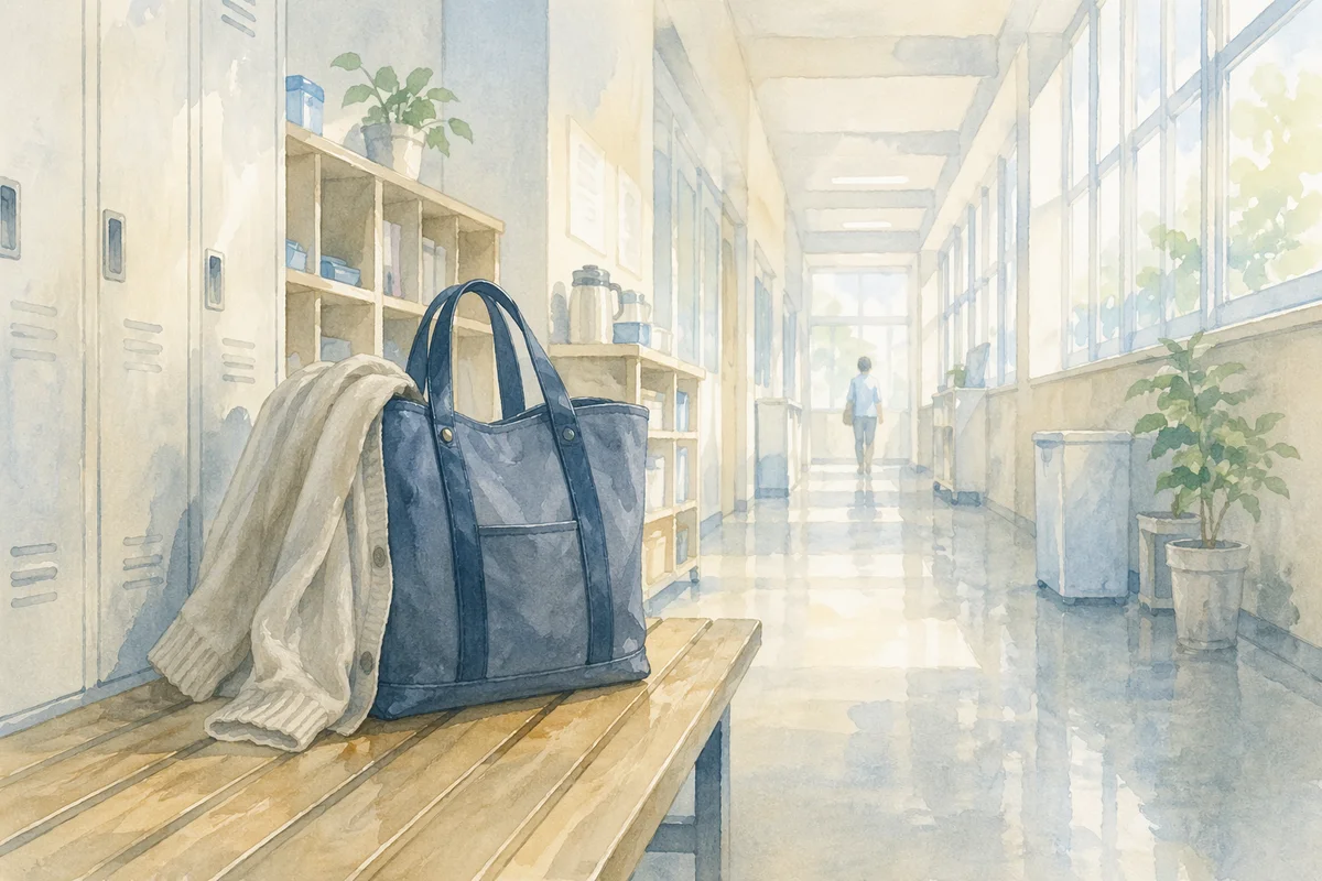 廊下のベンチに置かれた青いバッグを手前に、奥へ続く通路と小さな人影が年齢と働き方の先行きを静かに映す水彩画