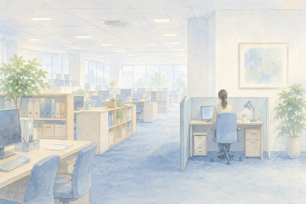 広いオフィスの奥行きの中で、離れた席に一人座る派遣社員の静かな孤立感を描いたイラスト