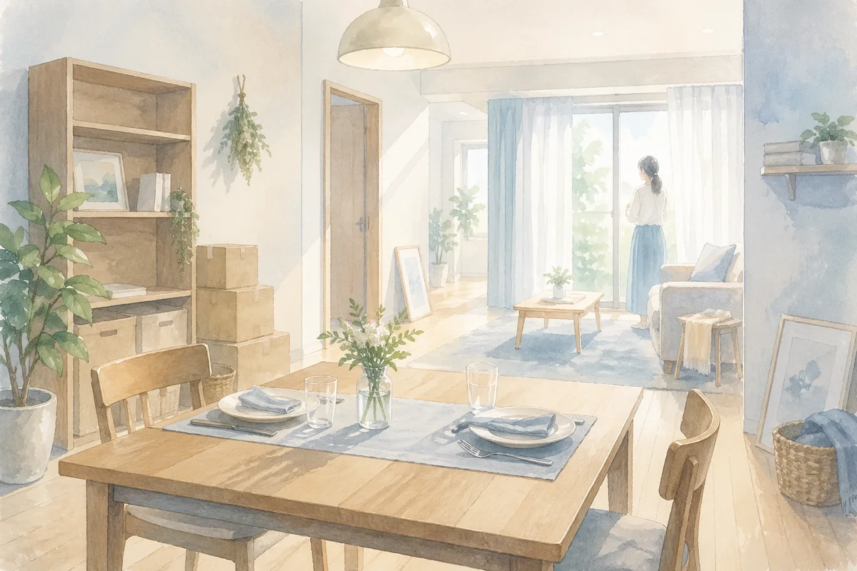 将来を考える食卓と未整理の荷物が、結婚前の不安を静かに映す室内イラスト