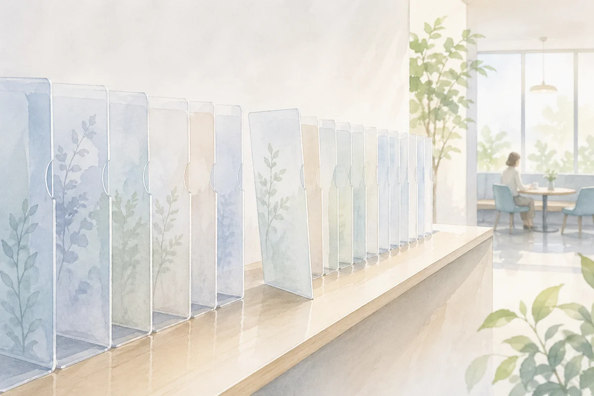 棚に並ぶ半透明の仕切りが奥へ続き、一枚だけ前に出た更新前の迷いを示す相談空間