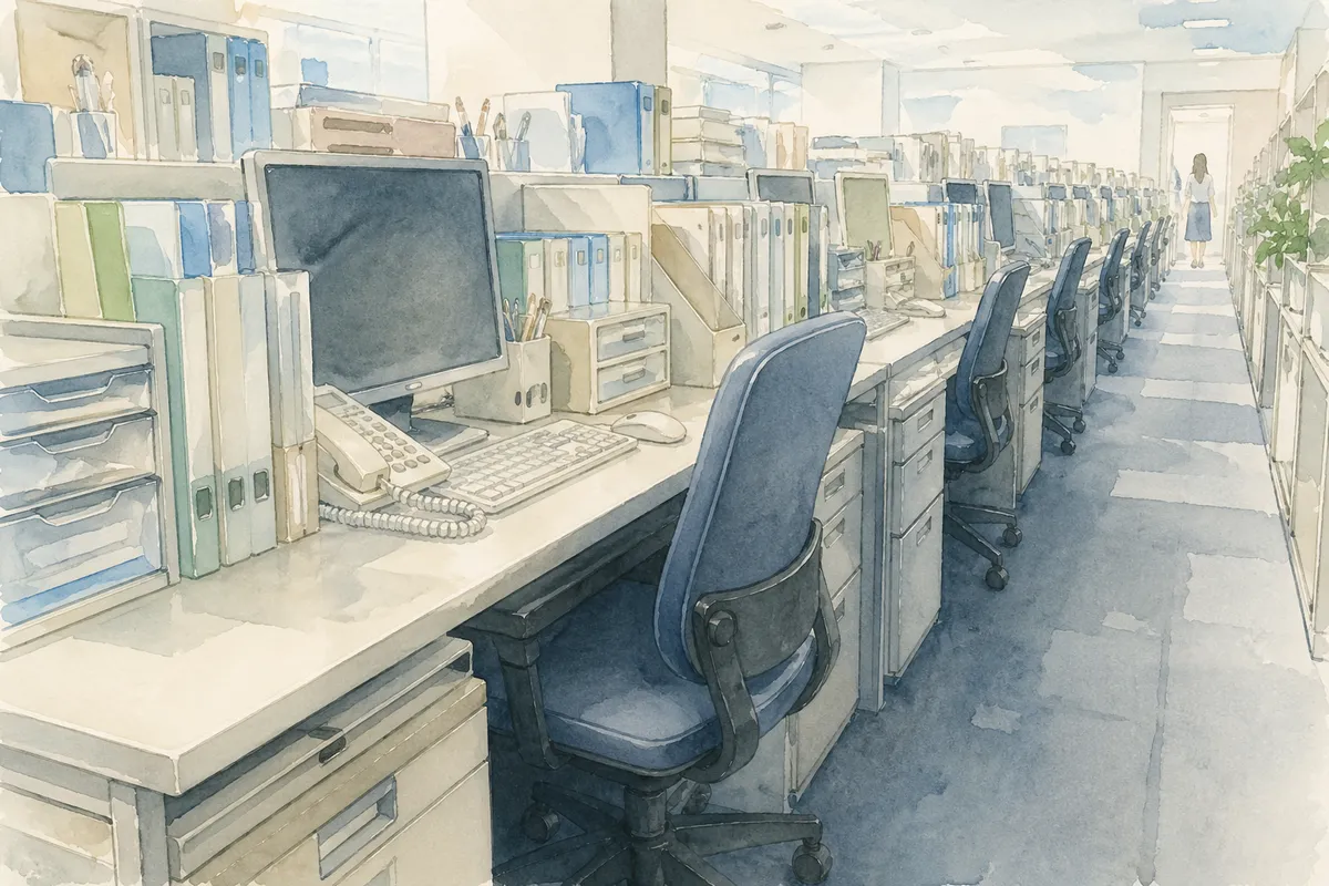 休みにくさを感じる職場の特徴を、狭い通路と連なる作業席で表した淡いイラスト