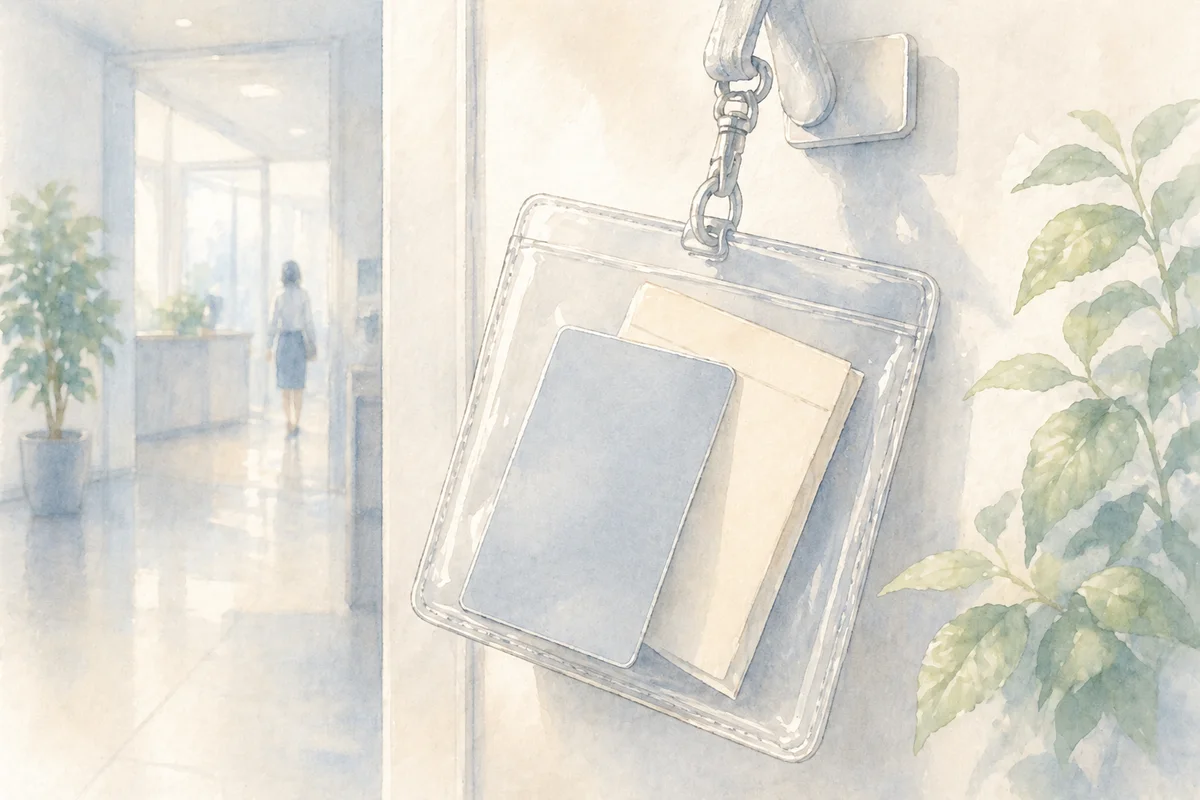 壁に掛かった透明のカードケースと書類越しに、奥へ明るく続く職場通路が見える場面