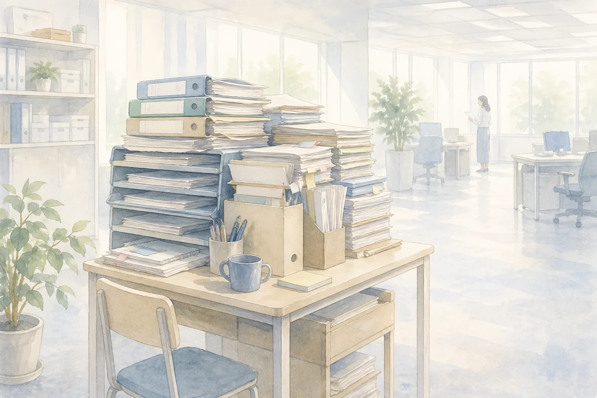 大量の書類が積まれた机と奥で立つ人物が、重すぎる任され方を映す職場風景