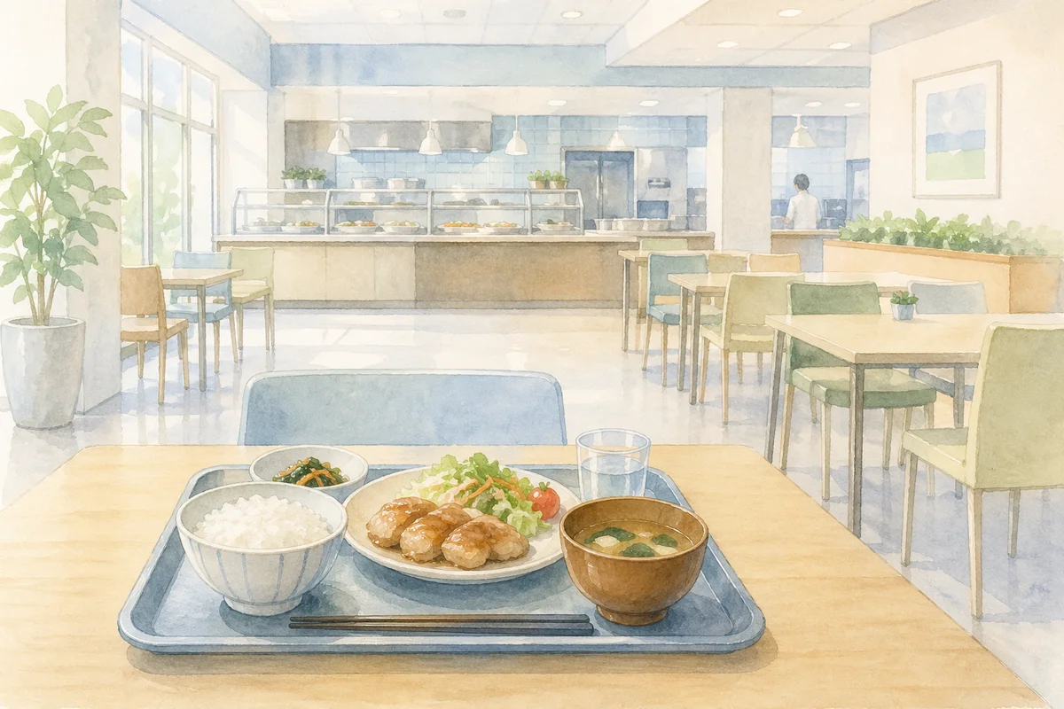 社員食堂の席に置かれた食事トレーと、奥へ広がる共有空間のやわらかな風景