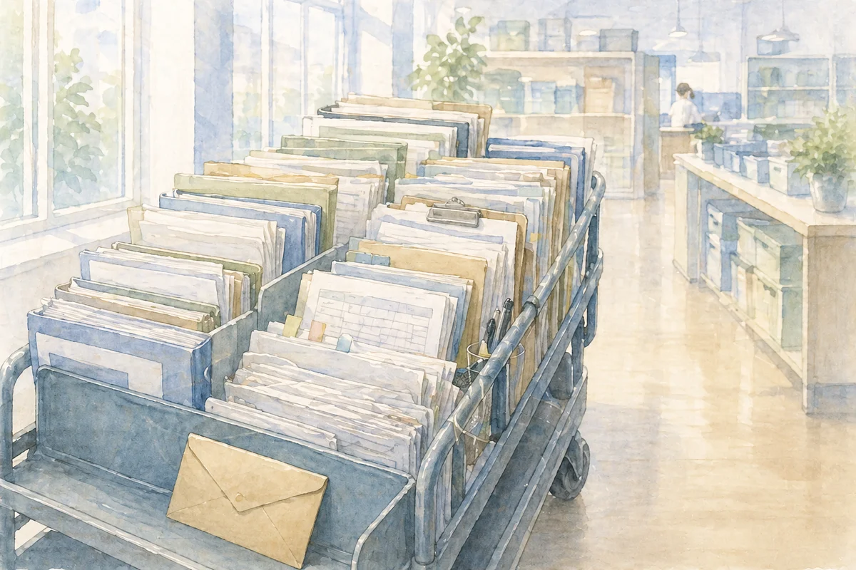 書類で埋まったワゴンが手前に置かれ、奥に職場が続く業務量の偏りを思わせる風景