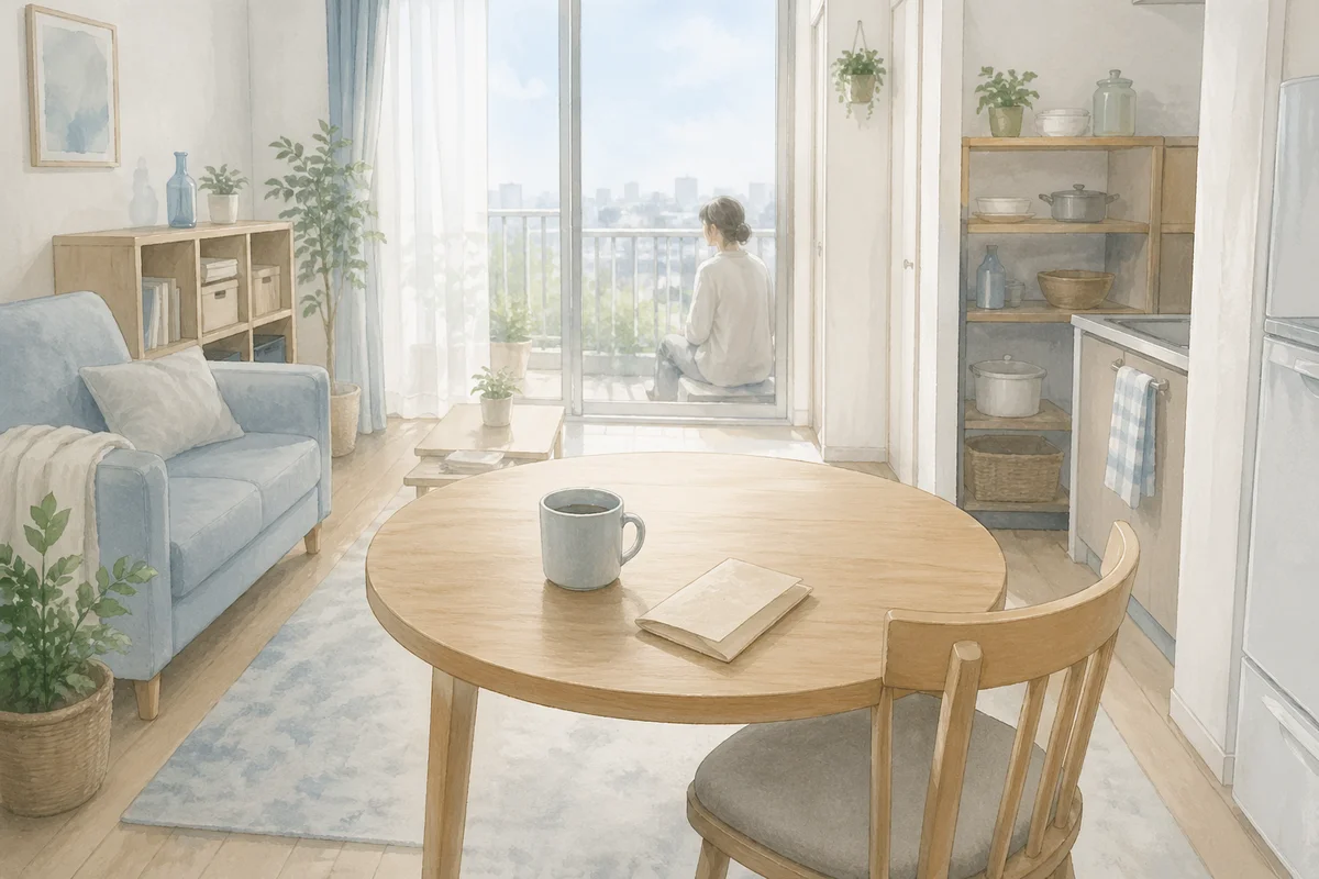 一人暮らしの部屋で丸テーブル越しに窓辺を見つめ、生活と収入の先行きを静かに考える様子