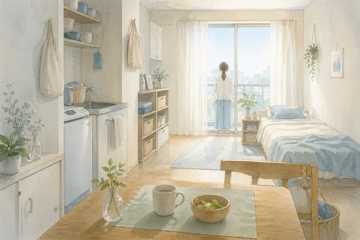 小さな一人暮らしの部屋で、窓辺に立つ女性が生活の続き方を静かに考える空間