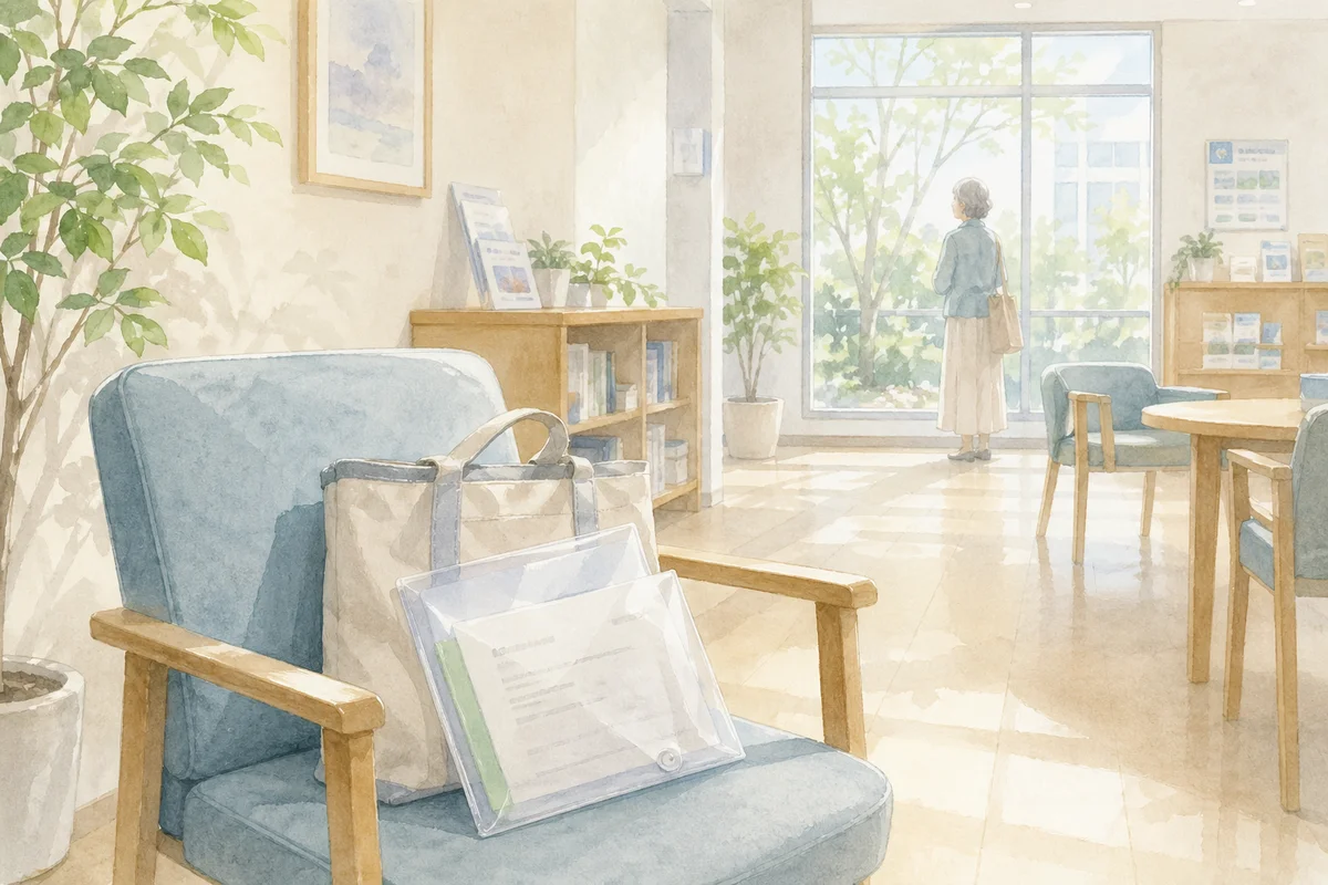 待合室の椅子に置かれた仕事探しの書類と、窓辺で立ち止まる60代女性の空間
