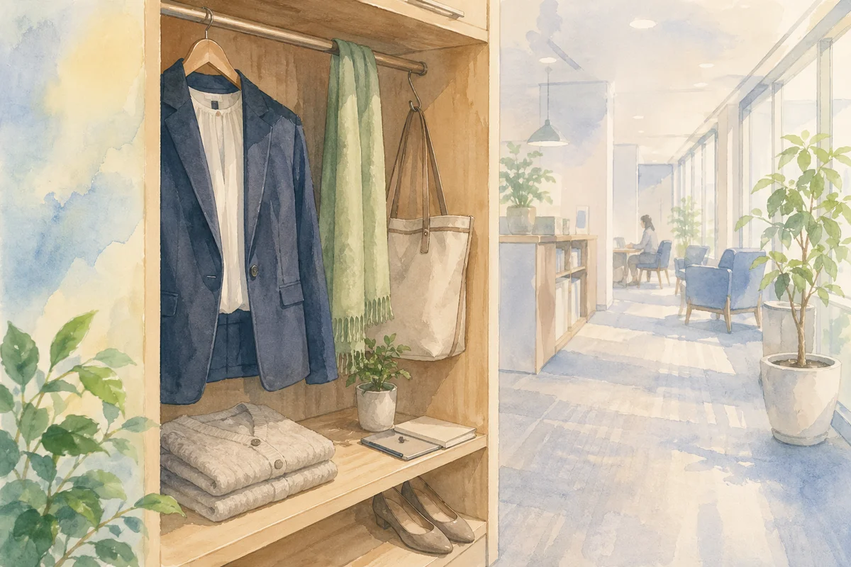 服と鞄が整えられた収納と奥へ続く職場空間が、働き方を選び直す気配を静かに映すイラスト