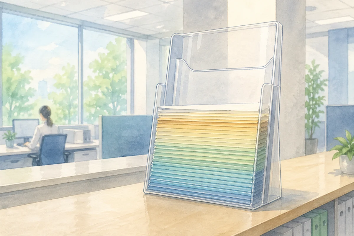 空の上段ポケットと色の重なった書類入れが、賞与と時給の関係を整理する様子