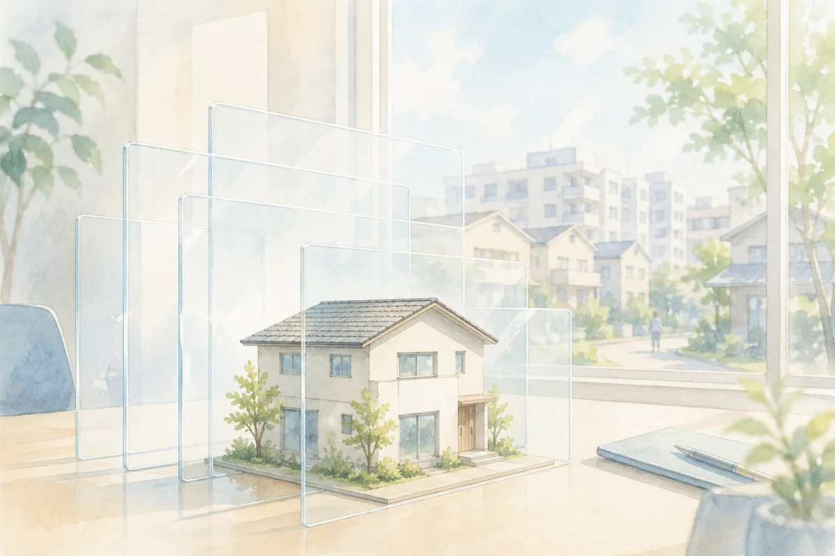 模型の家を囲む透明な層の奥に住宅街が広がる、住宅ローン条件を見比べるような情景
