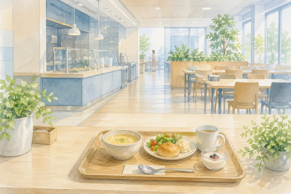 社員食堂のトレー料理が手前に置かれ、奥へ食堂空間が広がる福利厚生の差を思わせる情景