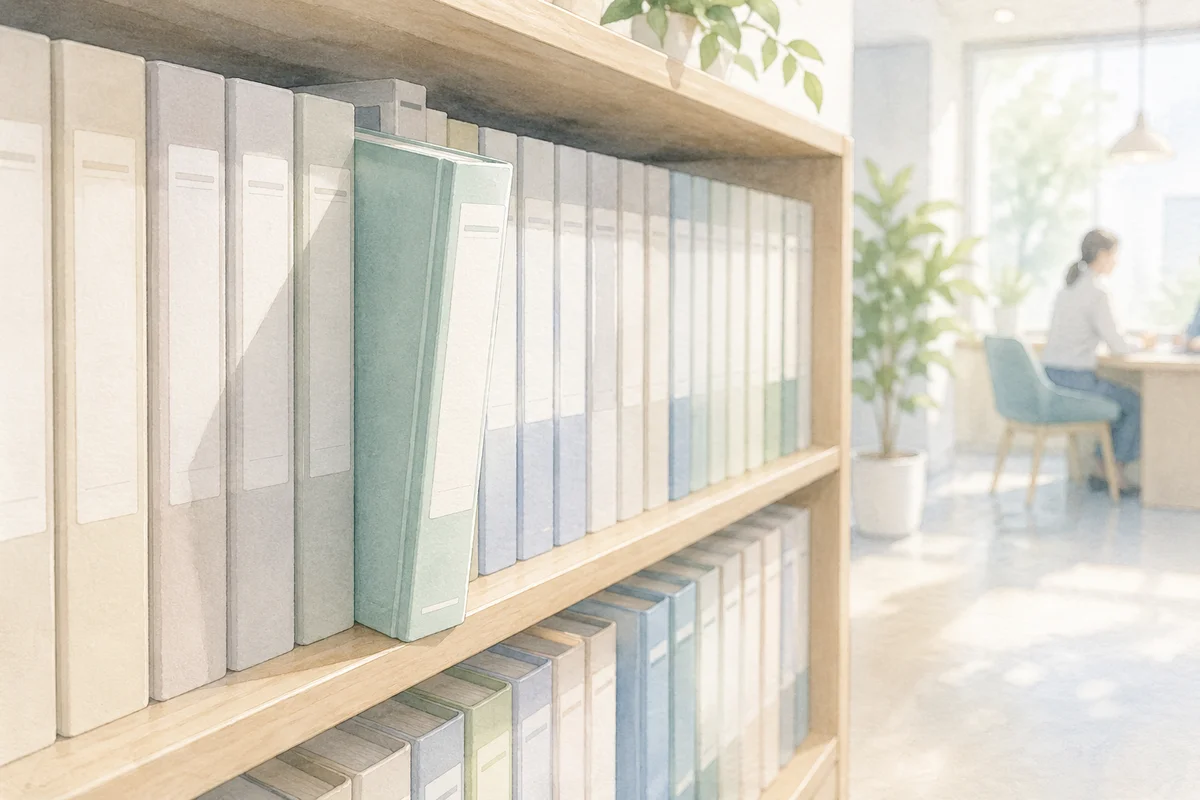 書棚で少し手前に出た就業規則の冊子と奥の相談席が、休職制度の確認先を静かに示す空間