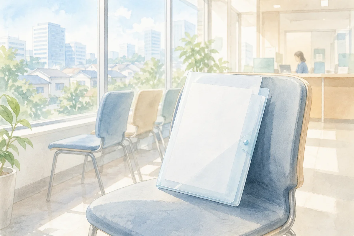 待合椅子の書類ケースの奥に窓辺と受付が続き、契約終了後の手続きや次の仕事待ちを思わせる情景