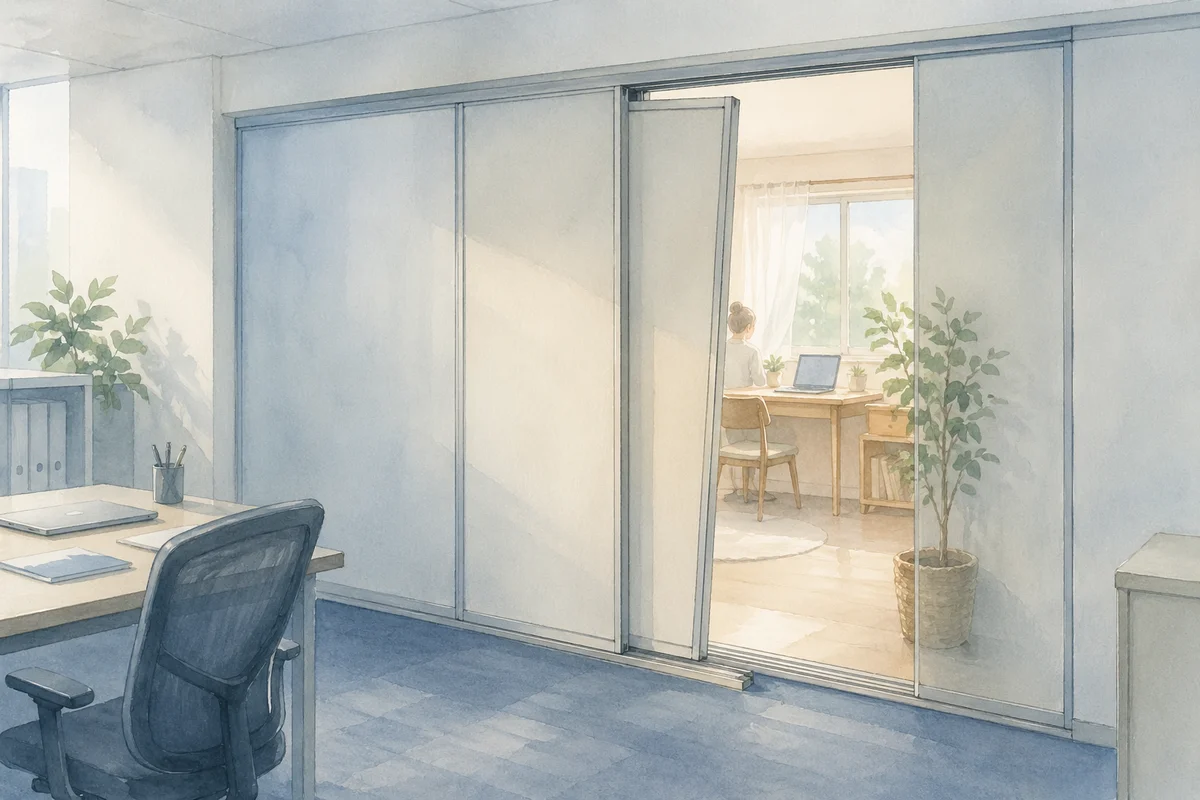 手前の出社空間と奥の在宅ワーク部屋がゆるく隔てられ、契約と運用の差がにじむイラスト