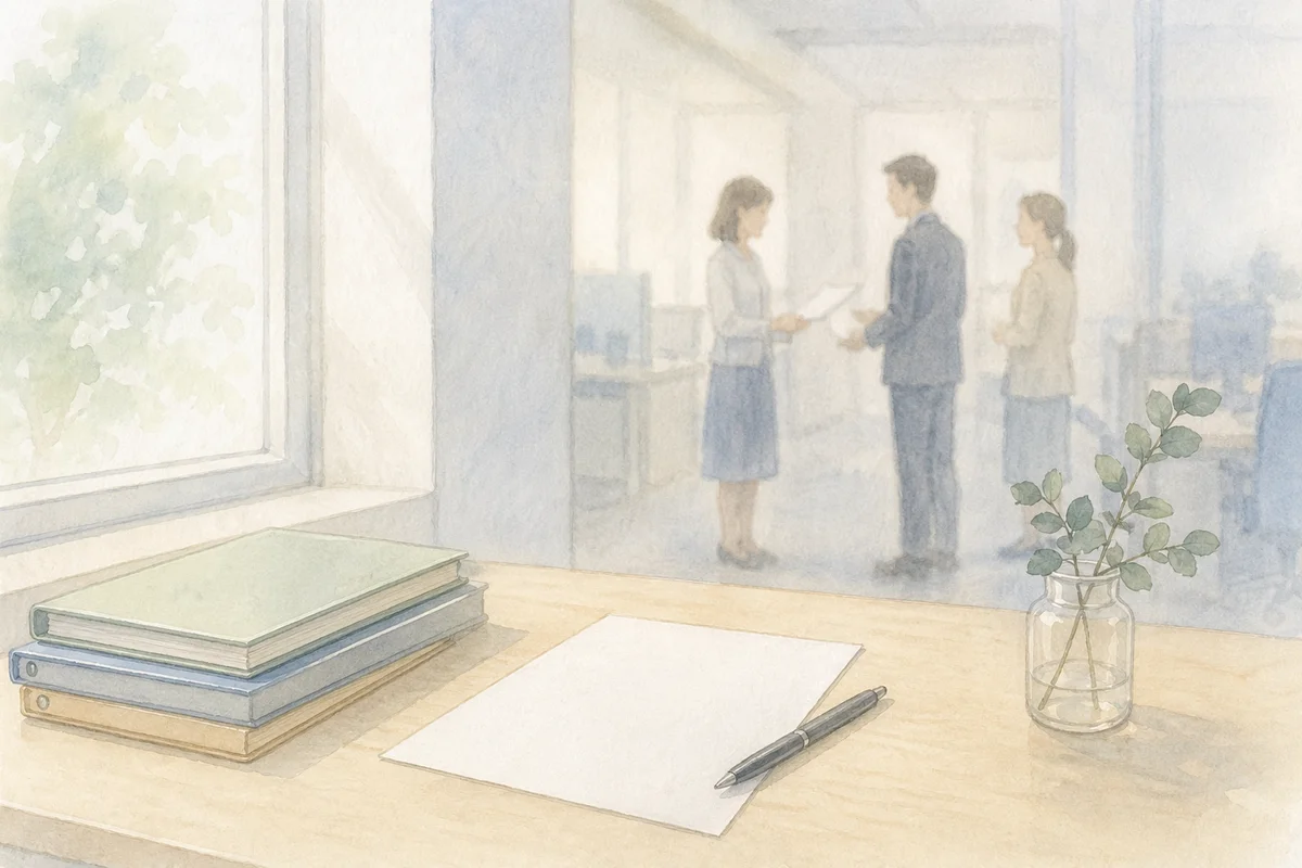 手前の白い書類と奥で静かにやり取りする人影が、退職届の提出先と順番の迷いを映す職場風景