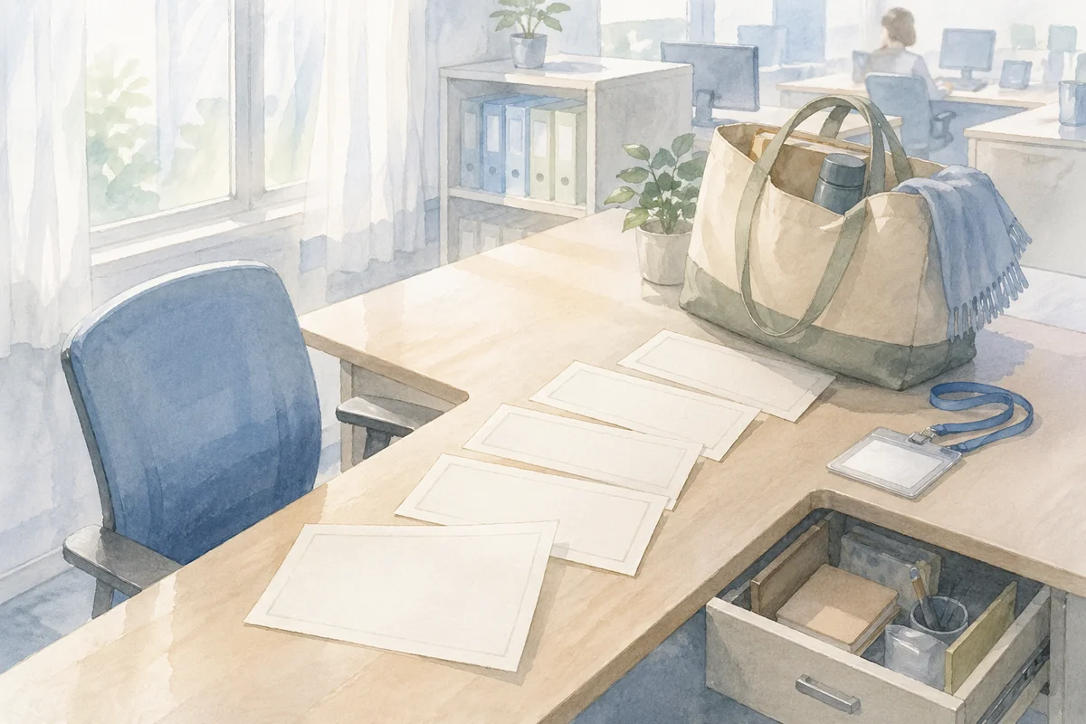 有給消化前の静かな職場で、机に並ぶ書類と荷物が退職前の調整の難しさを映す情景