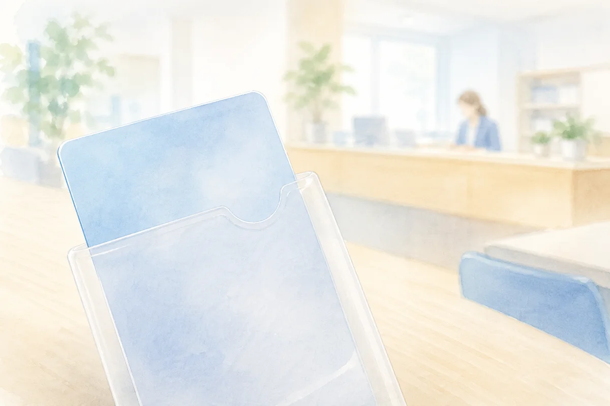 受付カウンター手前の透明ケースに青いカードが差し込まれ、加入時期を確かめる静かな場面