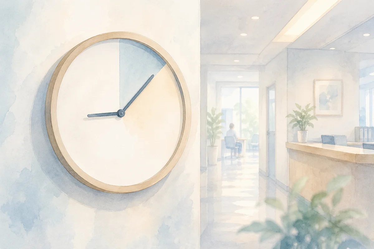 大きな時計が手前にあり、奥へ続く通路が週20時間の節目と社会保険の見方を静かに示すイラスト