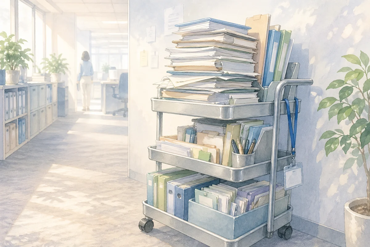 書類が積まれたワゴンが奥へ続く職場で業務量の重なりを示すイラスト