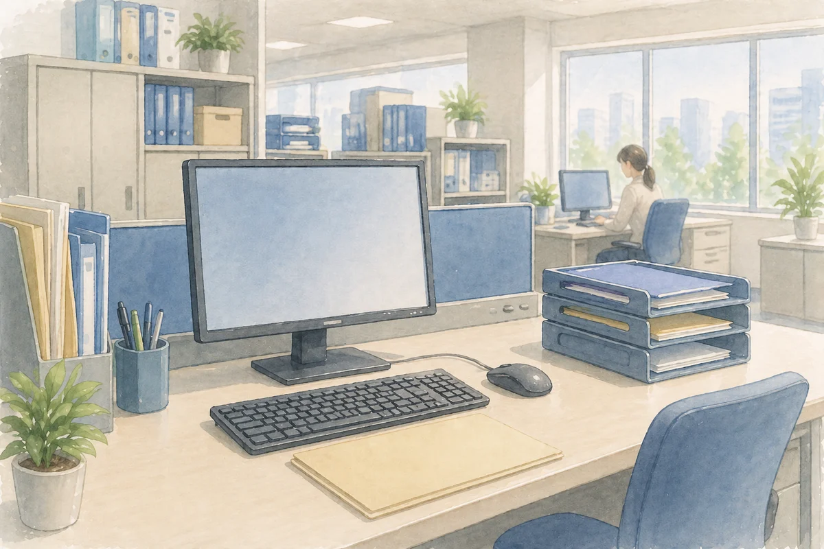 固定されたデスク環境と書類棚が並ぶ職場で、在宅勤務との条件差を示す淡いイラスト