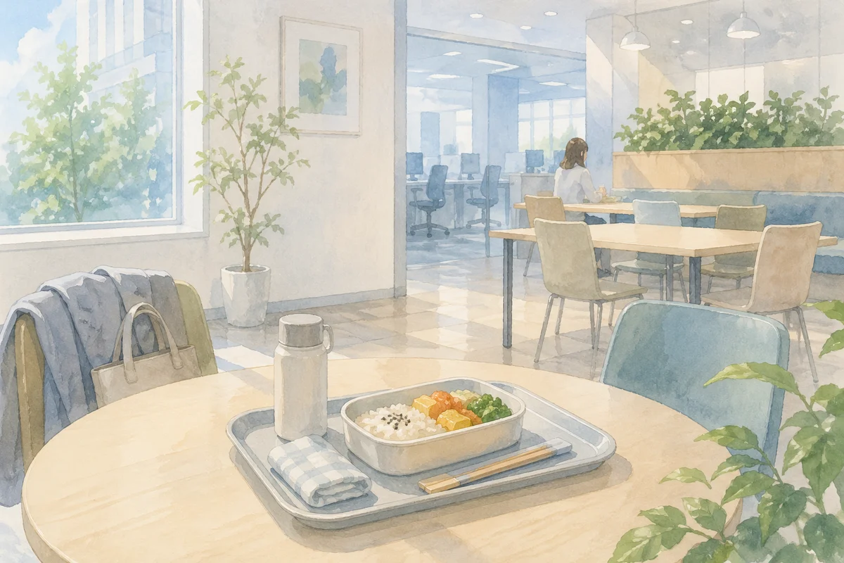 お弁当の載ったトレーが置かれた休憩空間の奥に職場が続く、食堂か自席か迷いやすい昼休み風景