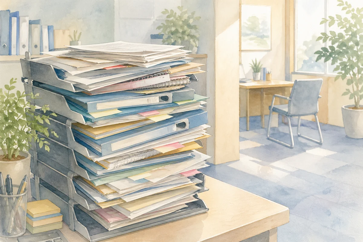 書類が積み重なる卓上トレーの奥に相談用の席が見える、業務量を伝えたい職場風景